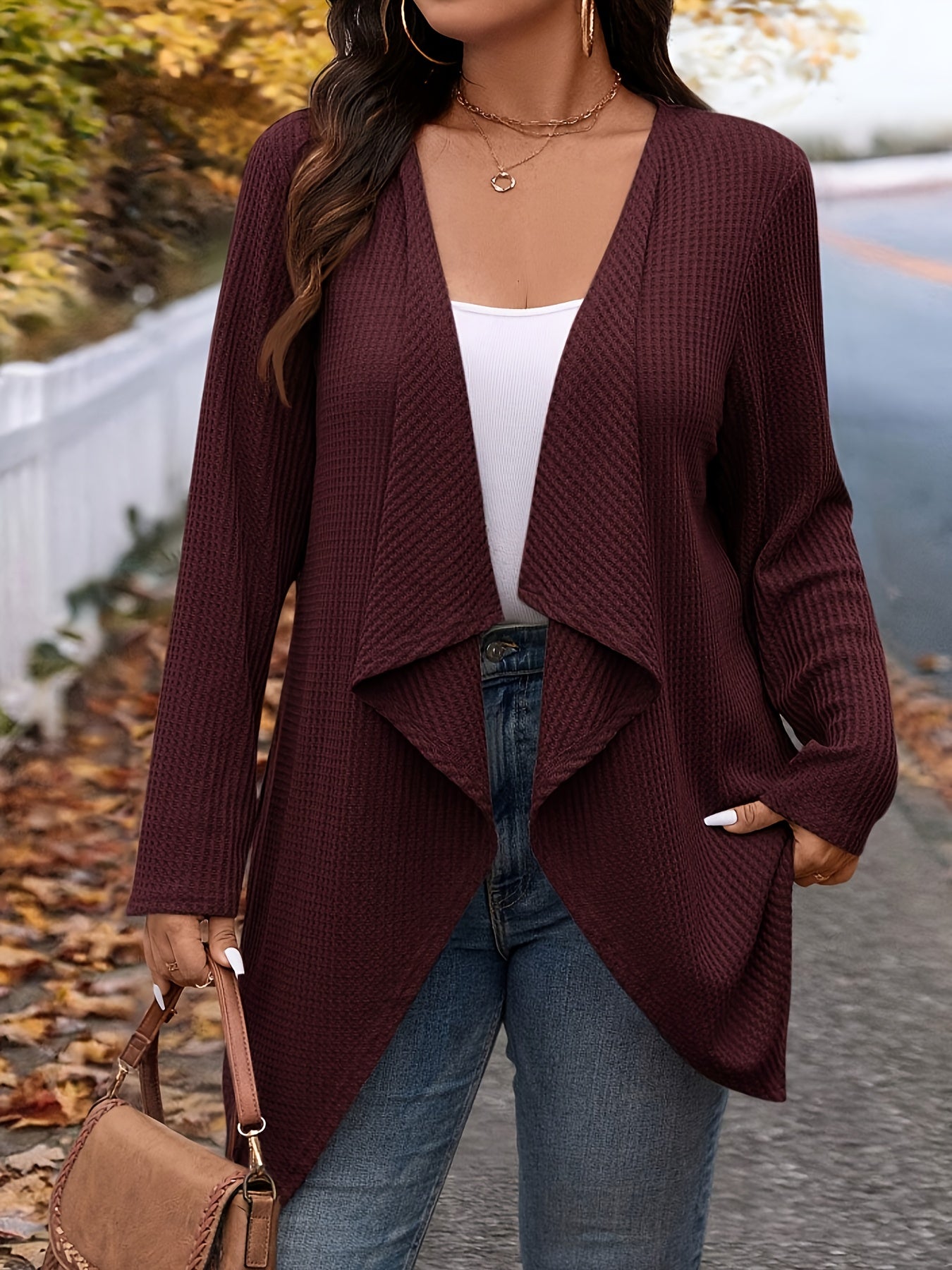 Plus-Size Women's Asymmetrical Hem Cardigan Long Sleeve Open Front Solid Color Layering