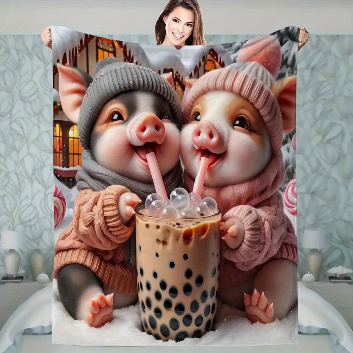 Cute Pig Bubble Tea Throw Blanket Flannel All-Season Knitted Animal Theme for Kids and Adults