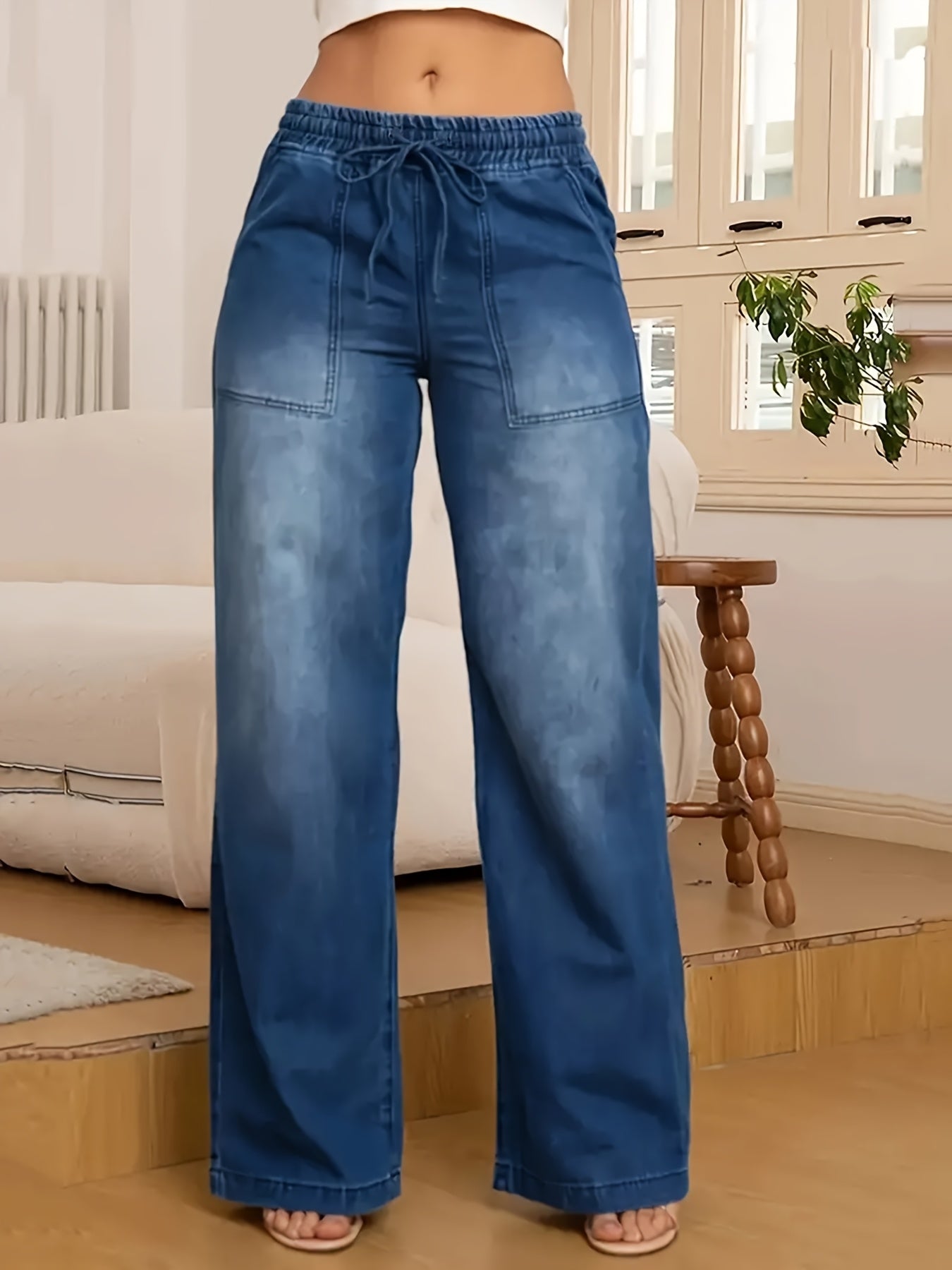 Women High Waist Wide Leg Denim Pants Solid Color All-Season Floor-Length