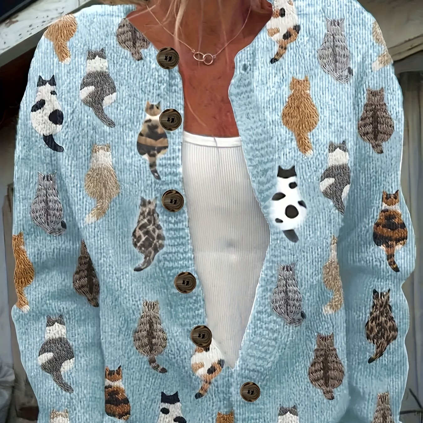 Plus Size Women's Light Blue Cat Print Cardigan Long Sleeve Open Front Sweater