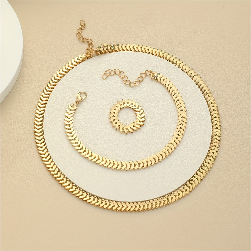 3-Piece Jewelry Set with Fish Scale Iron Chain Necklace Ring Bracelet Casual Elegant Gift