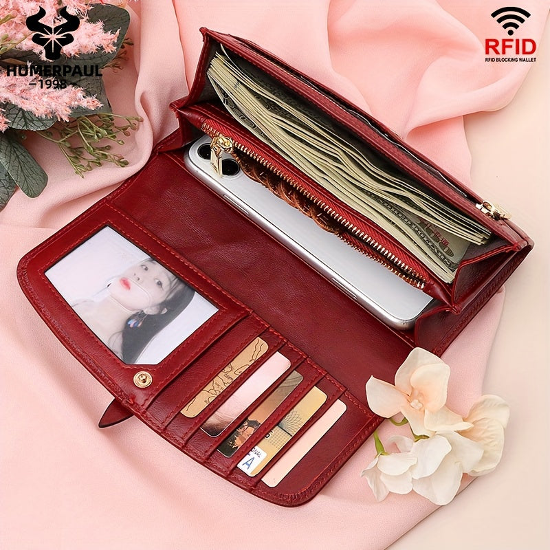 Красный RFID-блокирующий длинный кошелек-клатч с кнопкой, молнией, карманом для монет и несколькими слотами для карт.