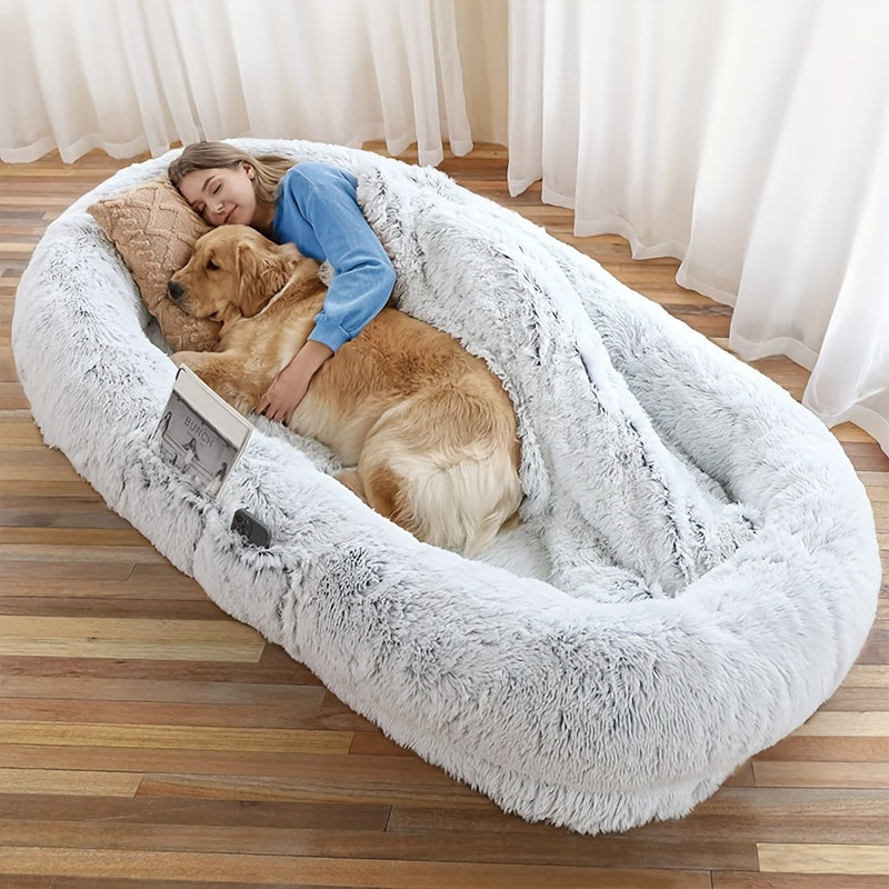 Oval-Shaped Plush Dog and Human Bed Gray Non-Slip Washable Cozy Sofa