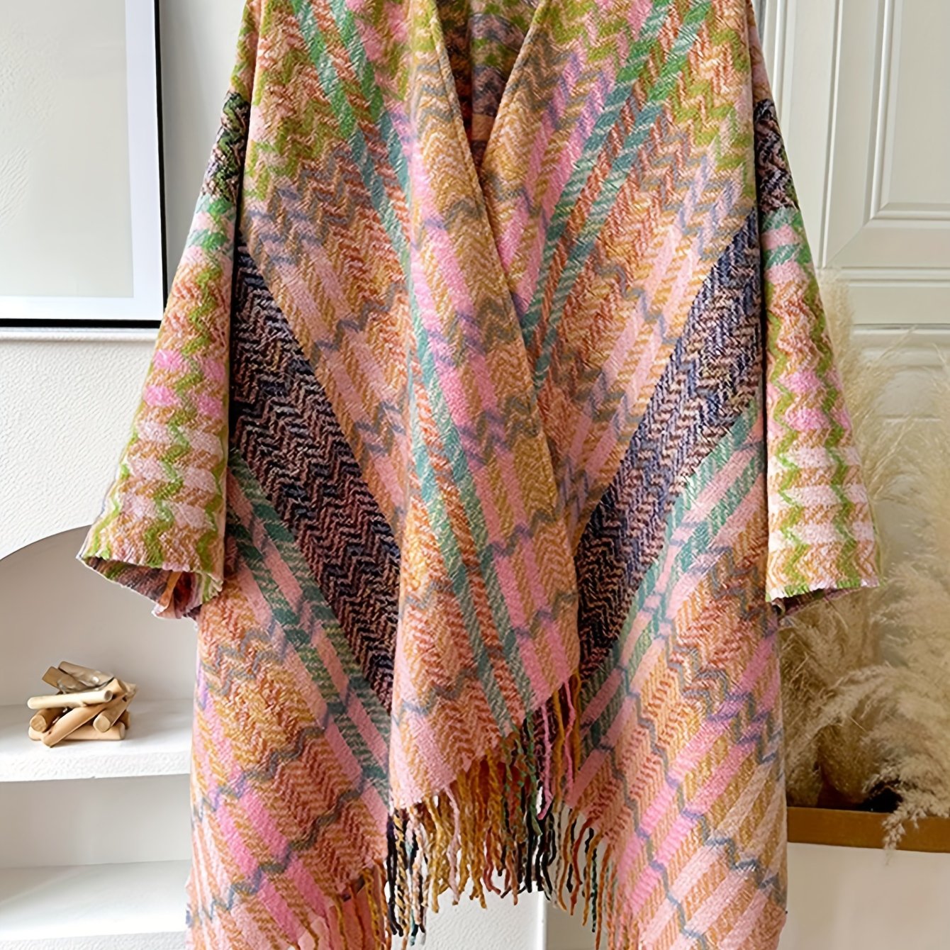 ayollar uchun vintage tekislangan plaid capi tassel kardigan shamol o'tkazmaydigan o'rta uzunlikdagi kurtka