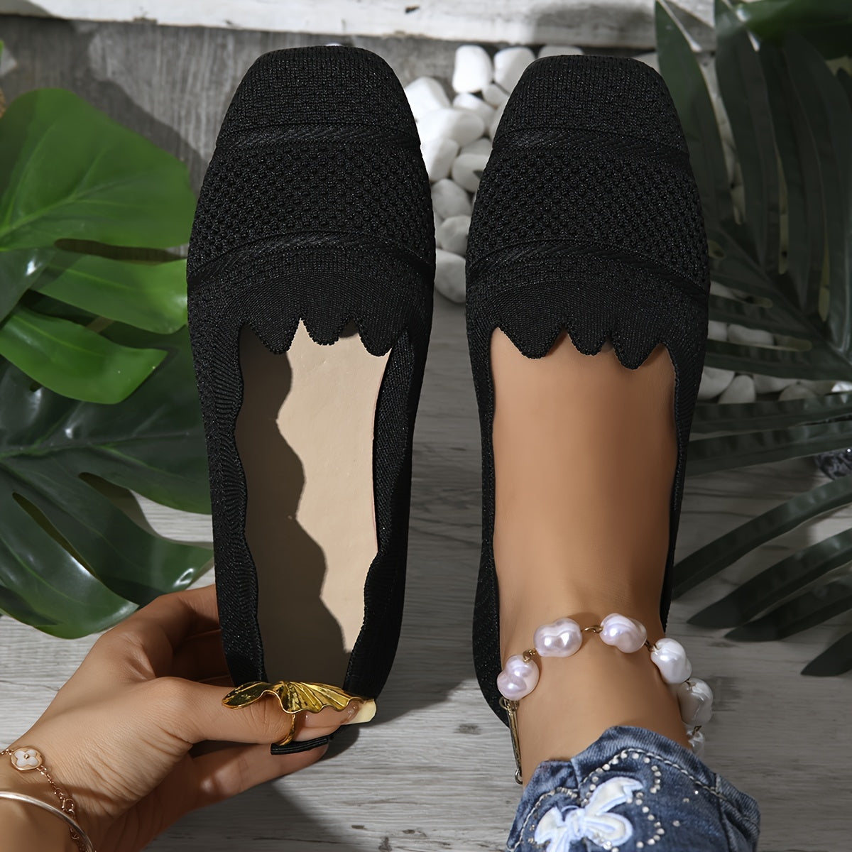 Women's Lace-Trimmed Slip-On Flats Breathable All-Season Shoes Black Gray Blue