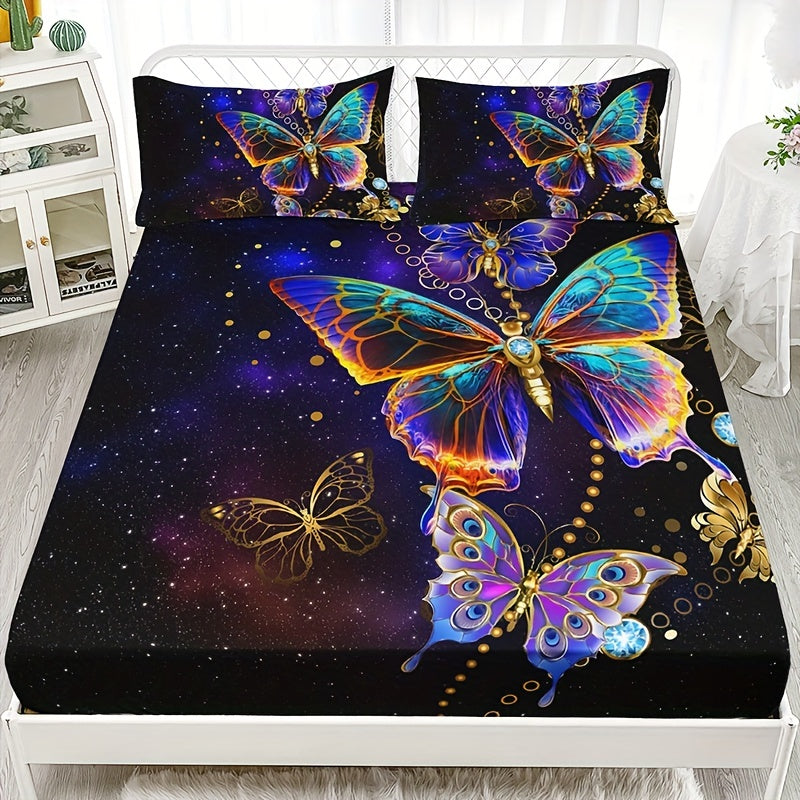 Juego de sábanas ajustadas con estampado de mariposas, algodón suave y transpirable, tamaño queen