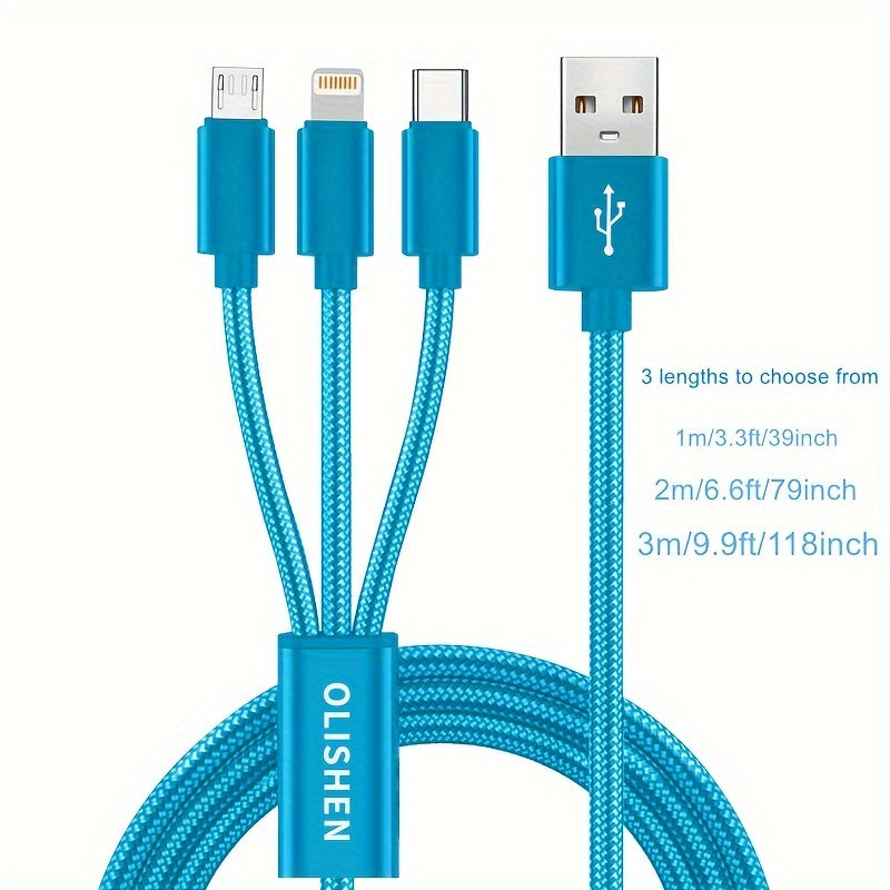 3-in-1 Nylon Braided USB Charging Cable with Fast Charging for iPhone, Samsung, Xiaomi