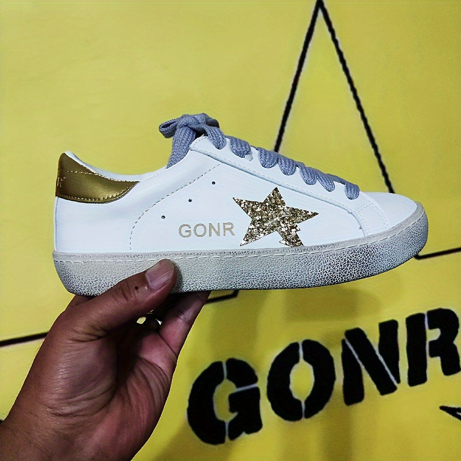 Unisex Vintage Star-Embellished Leather Sneakers with Sequin Accents