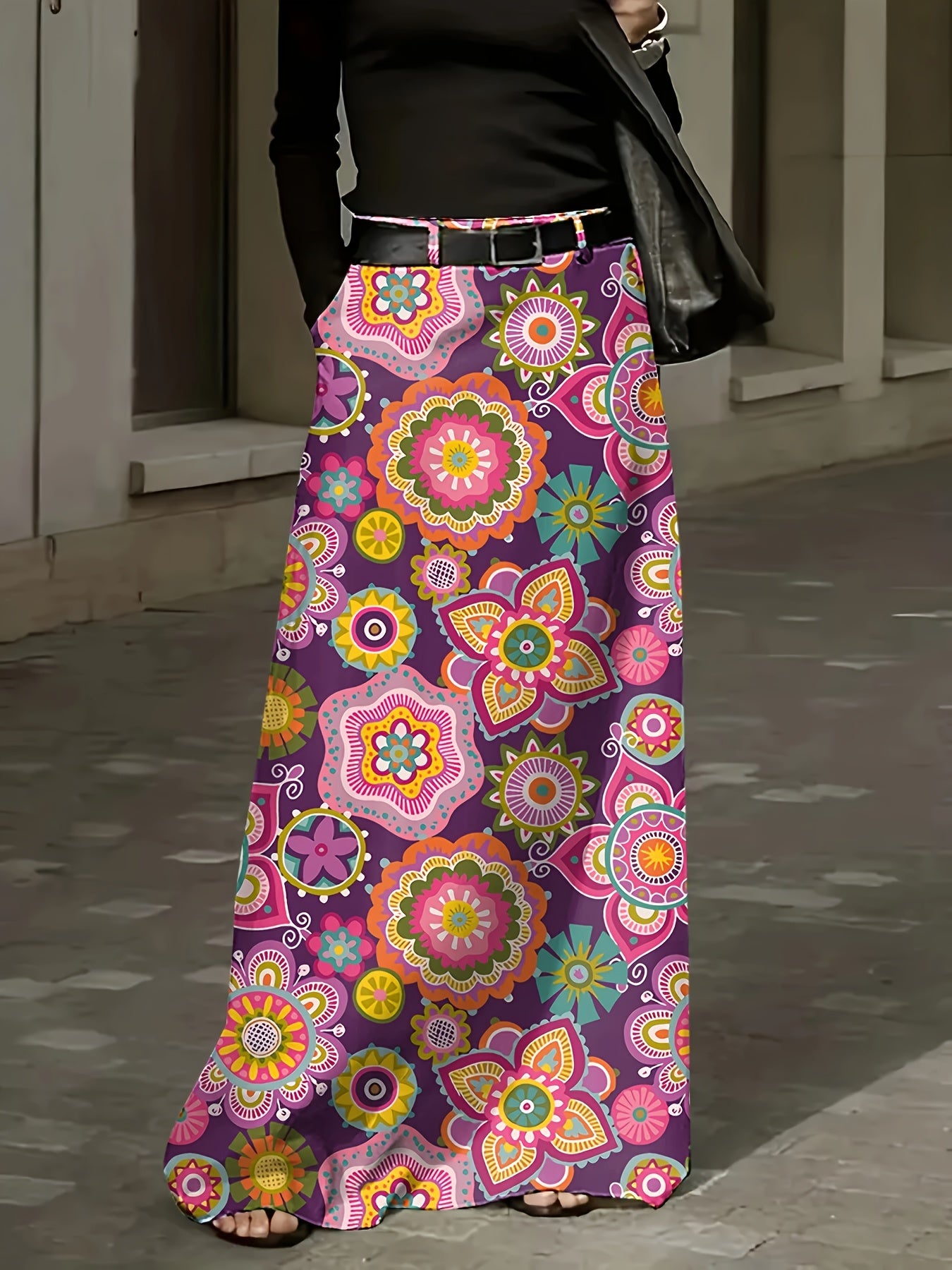 Plus Size Floral Print Maxi Skirt With Pockets Polyester Flared All-Season