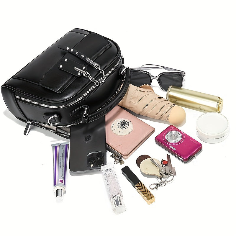 Women's Black PU Casual Shoulder Bag with Zipper Closure and Polyester Lining