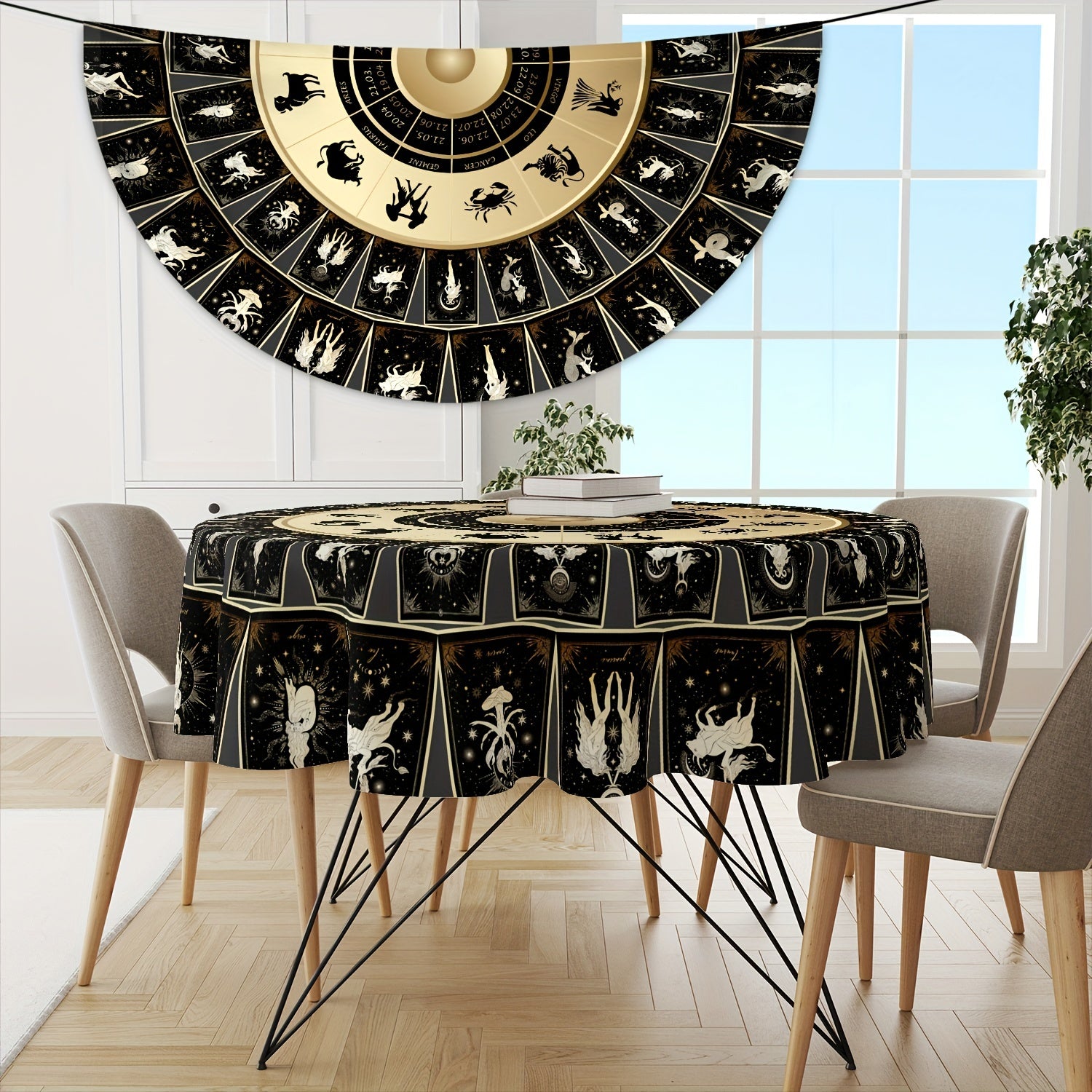 Tarot doira stol yuvish: 63 dyuym, boho dizayni bilan bashorat naqshi. Dog'ga chidamli, singdiruvchi va burishmaydigan. Uy, oshxona, ovqatlanish, partiyalar, ichki/tashqi foydalanish uchun ideal. Xona va sahna bezatish uchun mukammal.