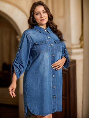 Women's Denim Dress with Ruffle Hem Long Sleeves Button-Up Vintage Style