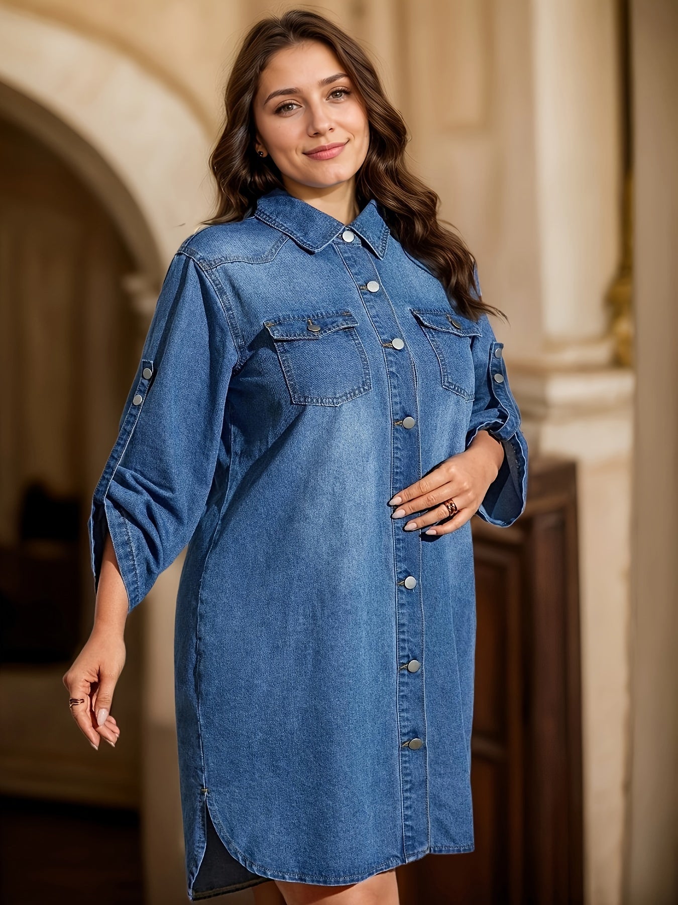 Women's Denim Dress with Ruffle Hem Long Sleeves Button-Up Vintage Style