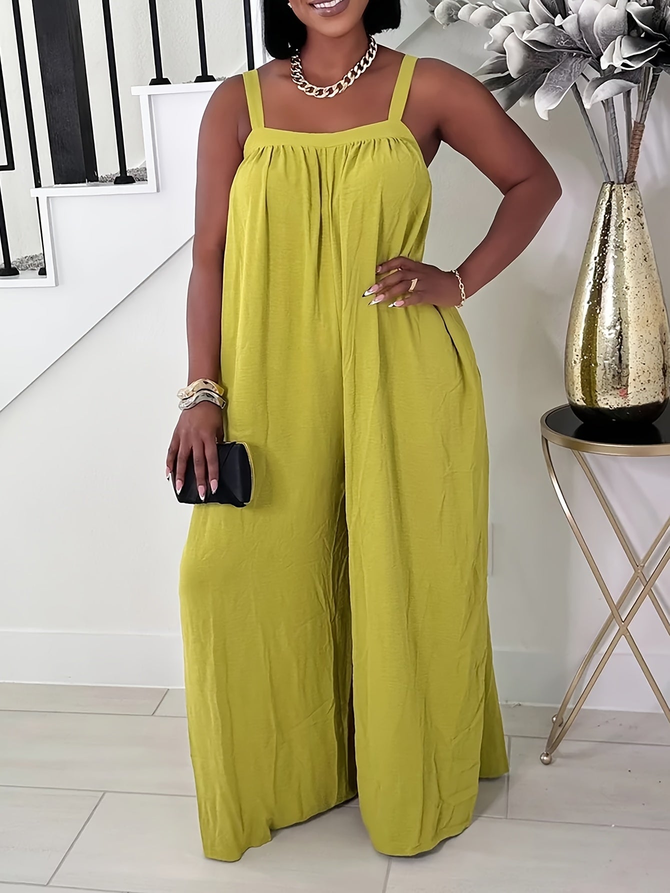 Plus Size Women's Sleeveless Off-Shoulder Jumpsuit Lime Green Casual Formal