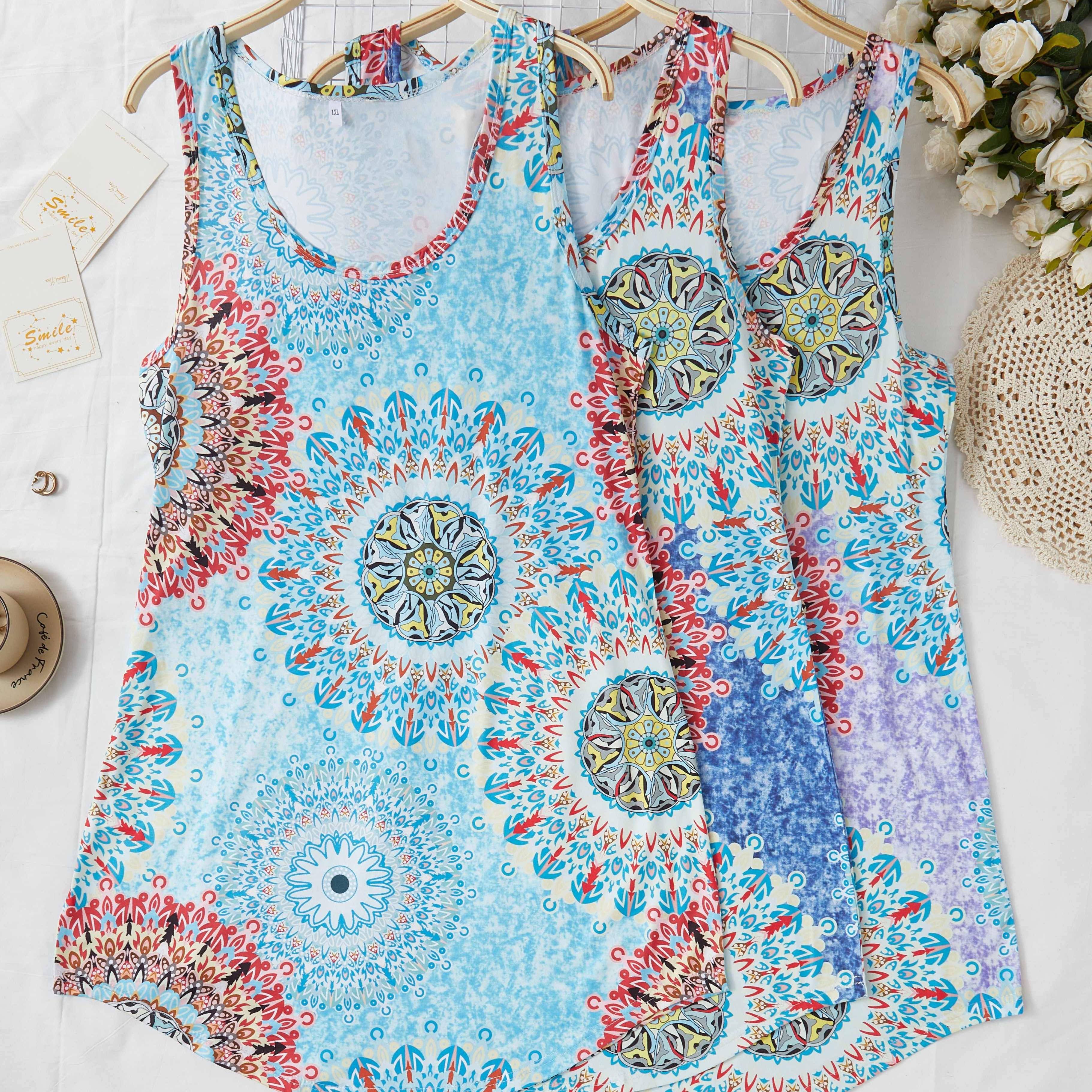 Plus Size Women's Bohemian Tie-Dye Tank Dress with Sun and Moon Floral Print