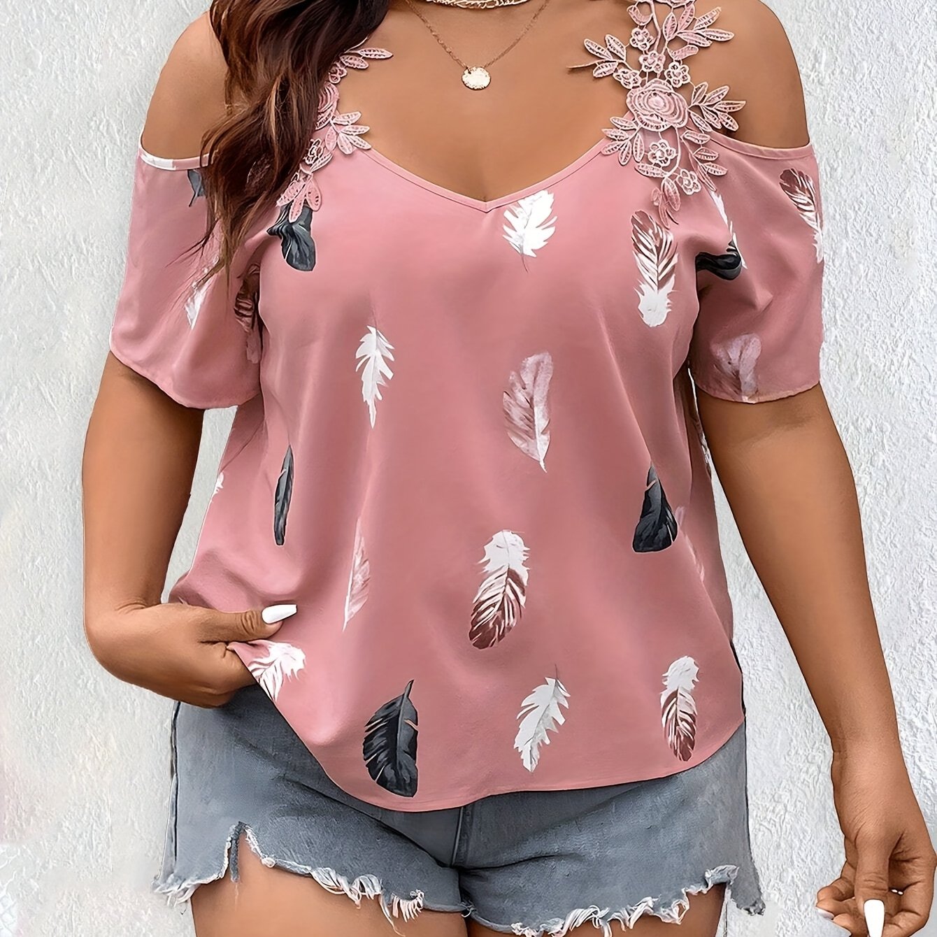 Plus Size Off-Shoulder Shirt With Embroidered Appliqué for Women