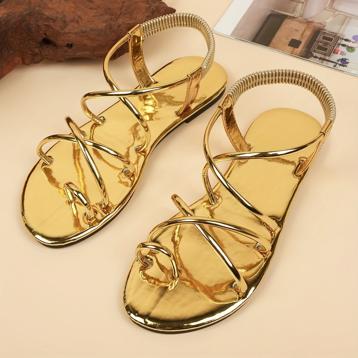 Women Summer Flat Sandals in Gold Open-Toe Lightweight Elastic Strap