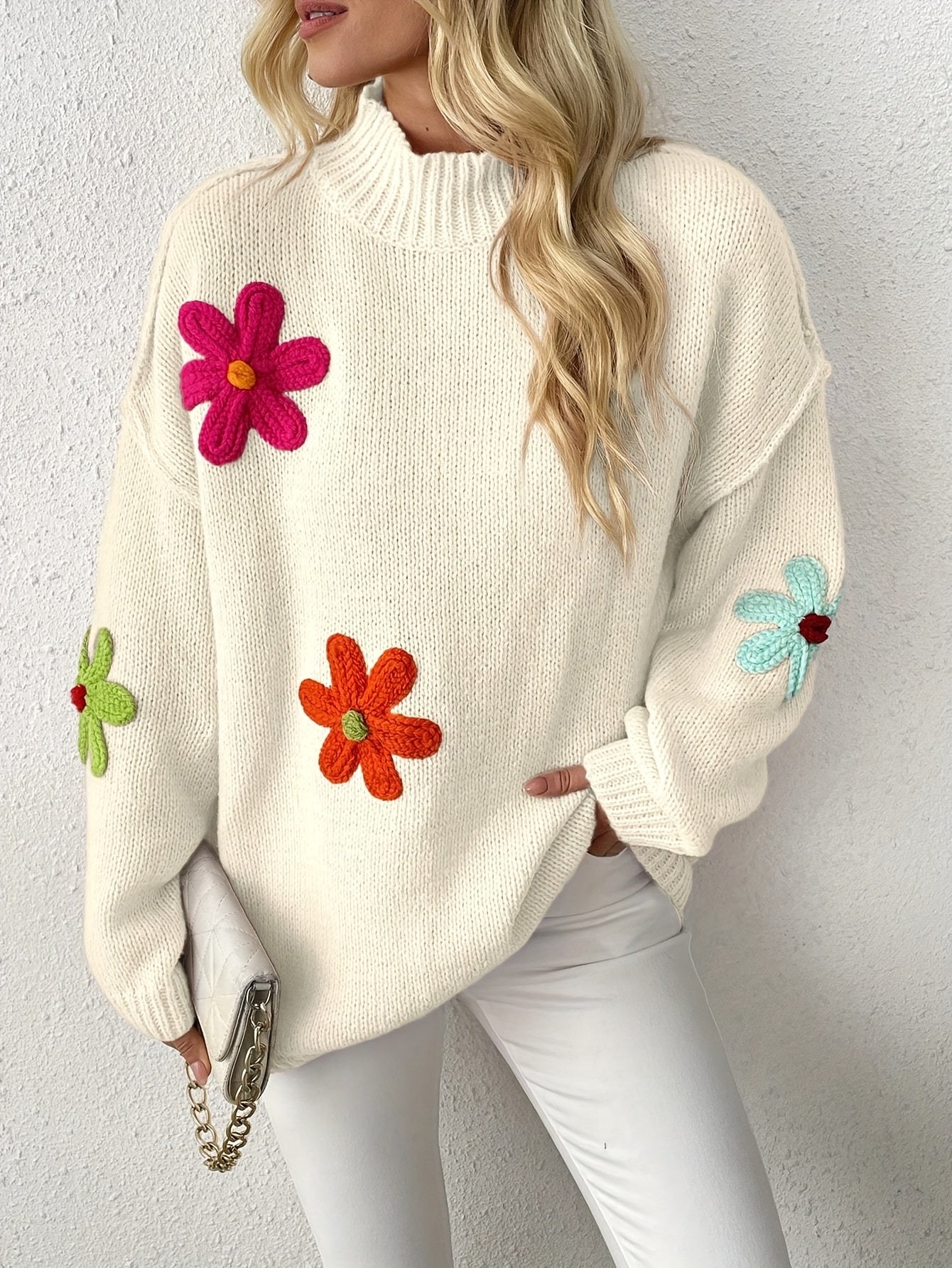 Plus Size Floral Applique Knit Sweater Casual Long Sleeve High Neck Top