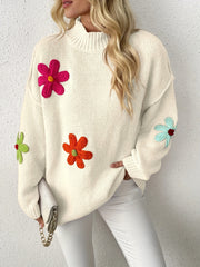 Plus Size Floral Applique Knit Sweater Casual Long Sleeve High Neck Top