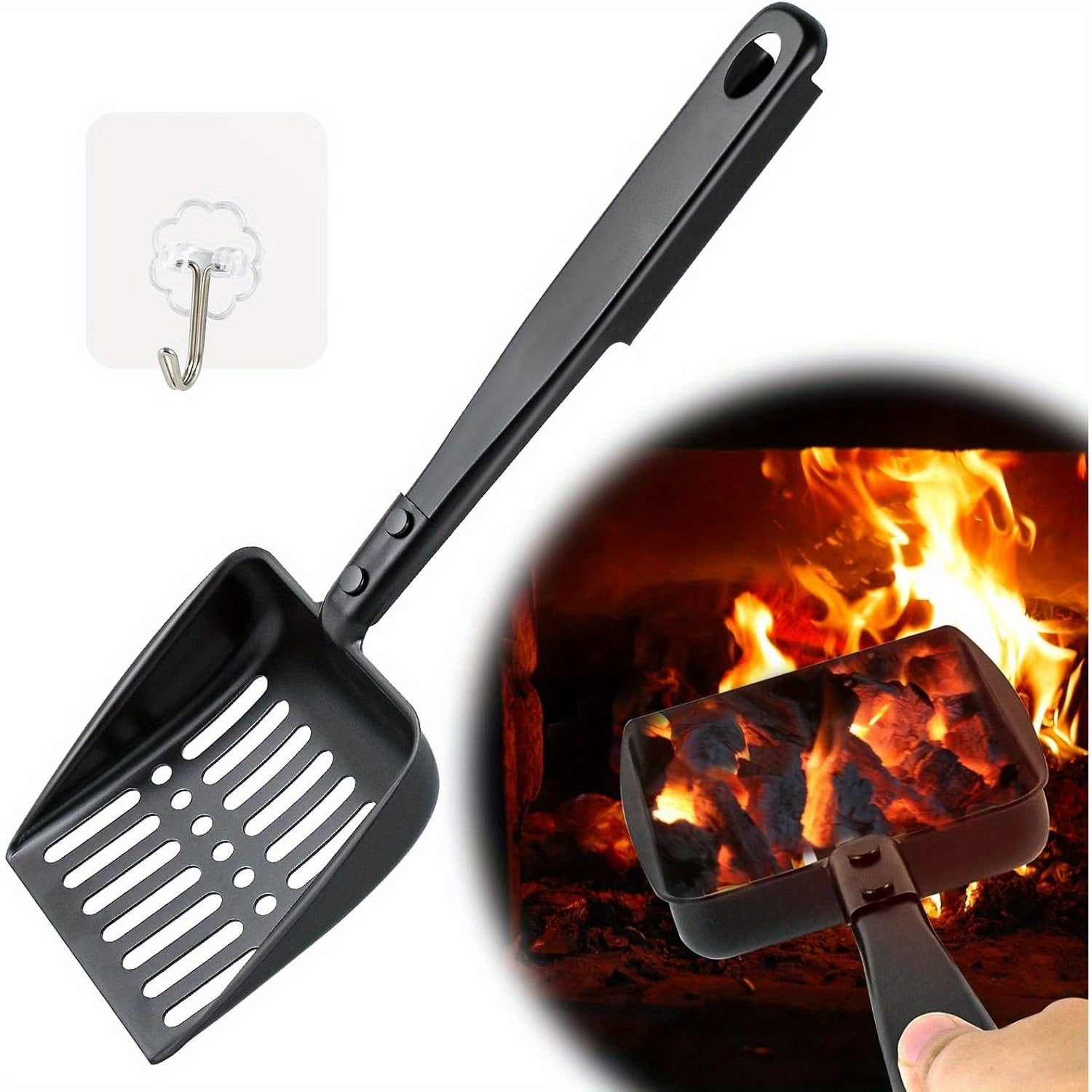 Black 13-Inch Metal Fireplace Ash Scoop with Self-Adhesive Hook for Indoor Wood Stove