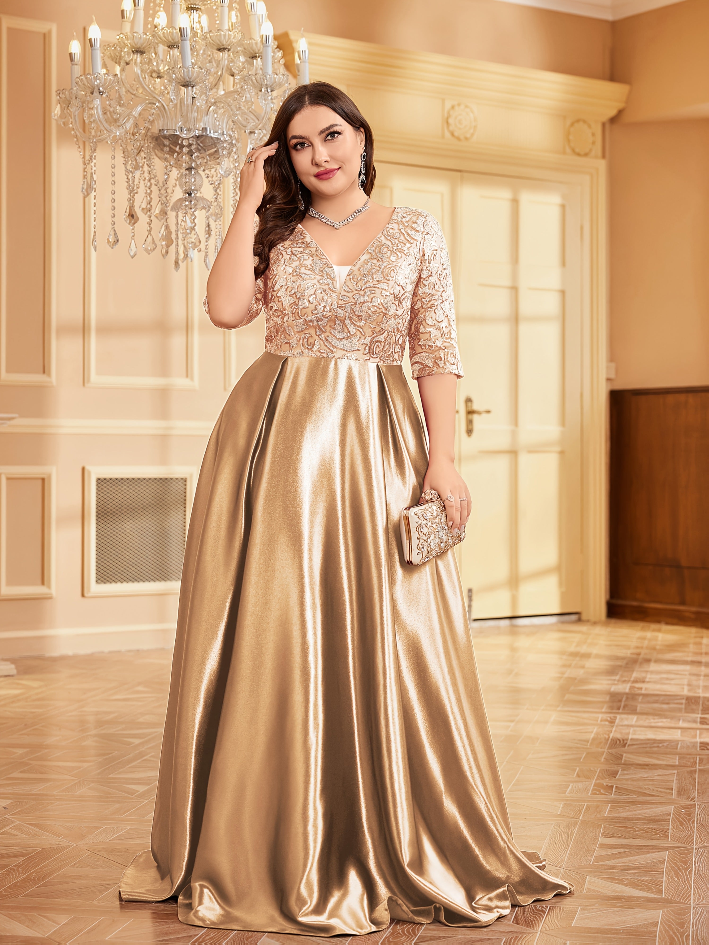 Women Long Dress Solid Color Mid-Sleeve Sequin Party Evening Gown