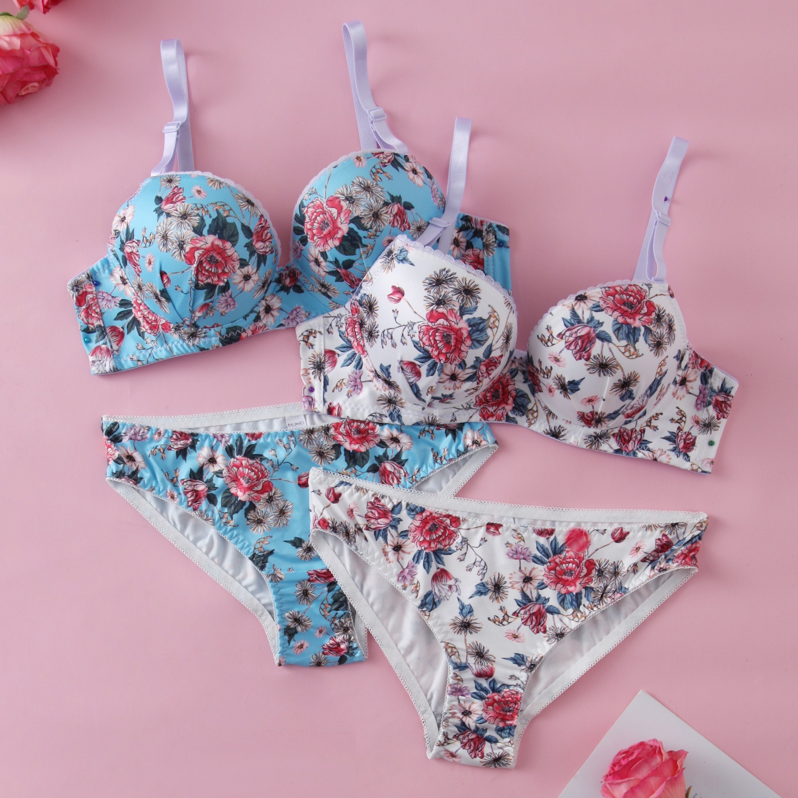 Floral Print Lingerie Bra Set with Steel Ring Detail for Women
