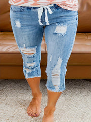 Plus Size Denim Capri Pants Ripped Raw Hem Blue Elastic Waist Jeans for Women