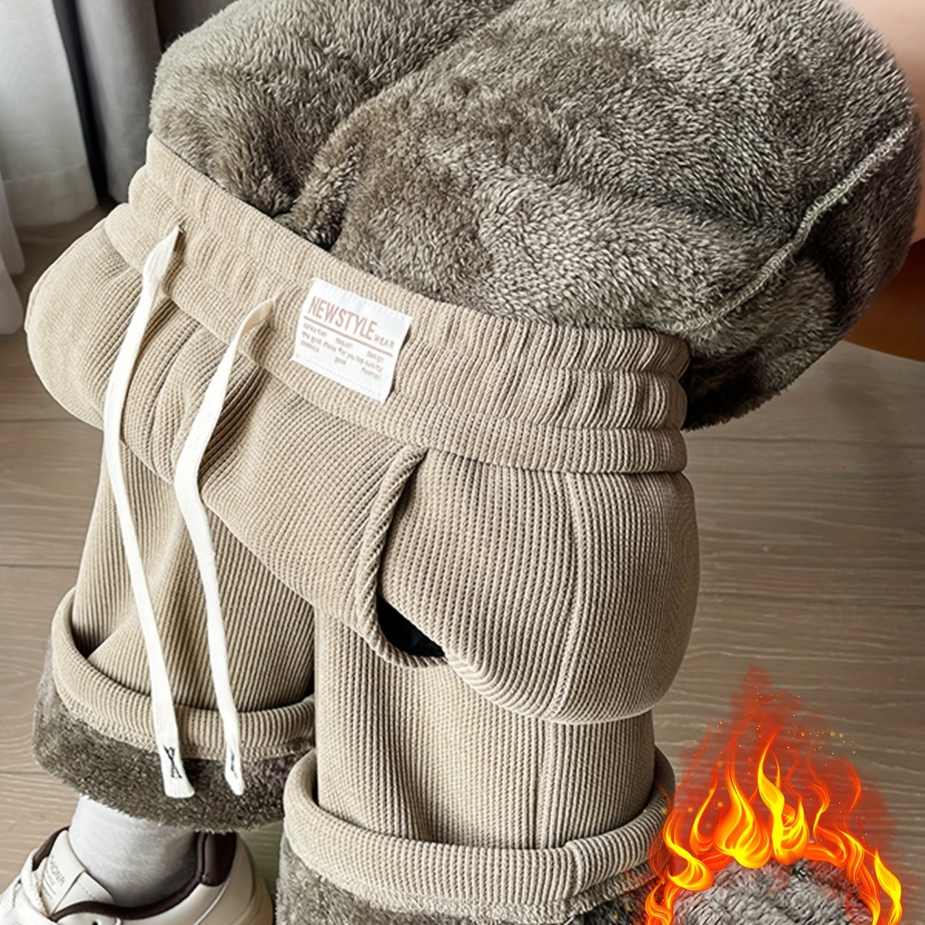 Women's Fleece-Lined Corduroy Wide Leg Pants Long Winter Joggers with Drawstring