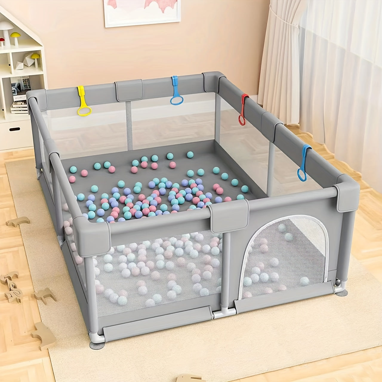 Kids Playpen 150x180cm with Safety Net and Zipper Includes 50 Play Balls and 4 Kid's Rings Indoor Outdoor