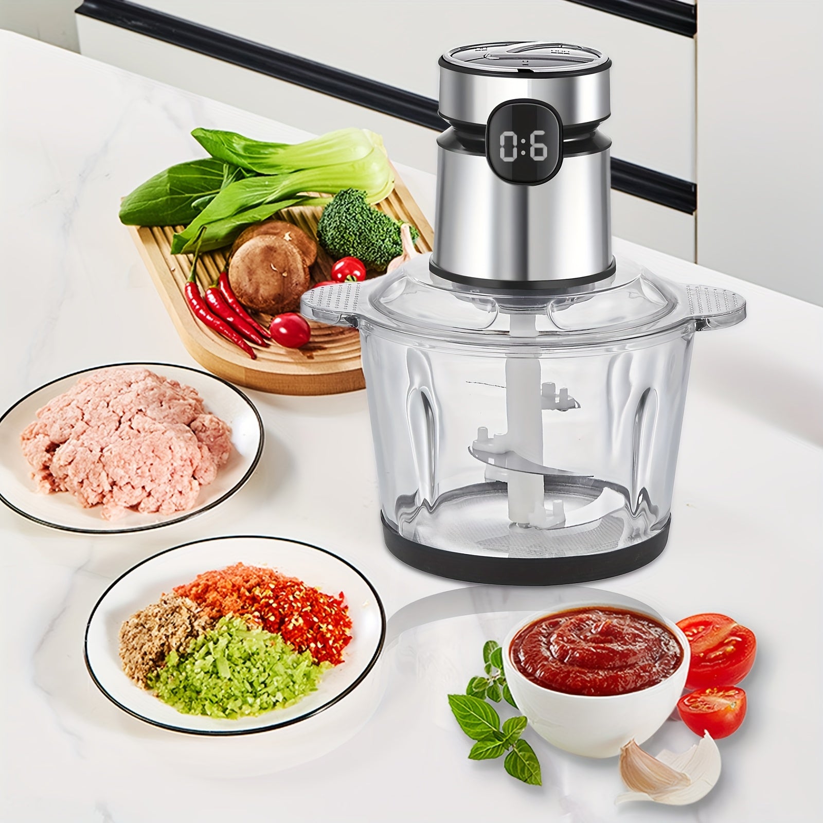 Molino de carne eléctrico de gran capacidad, 3 velocidades, cuerpo transparente, motor de acero inoxidable, pantalla digital