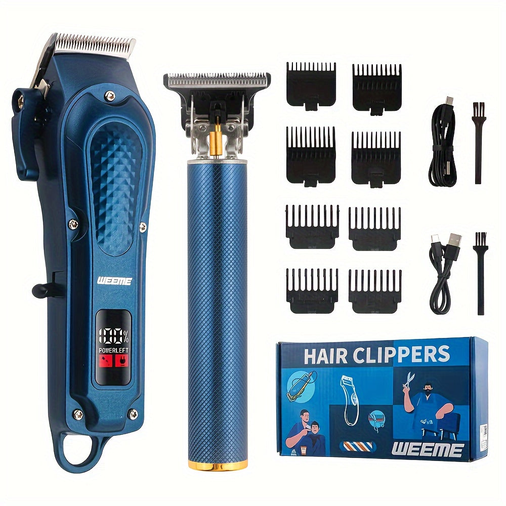 Professional Hair Clippers Set Blue Men's Hair Clipper T-Shaped Trimmer USB Rechargeable 36V Power 2700mAh Battery