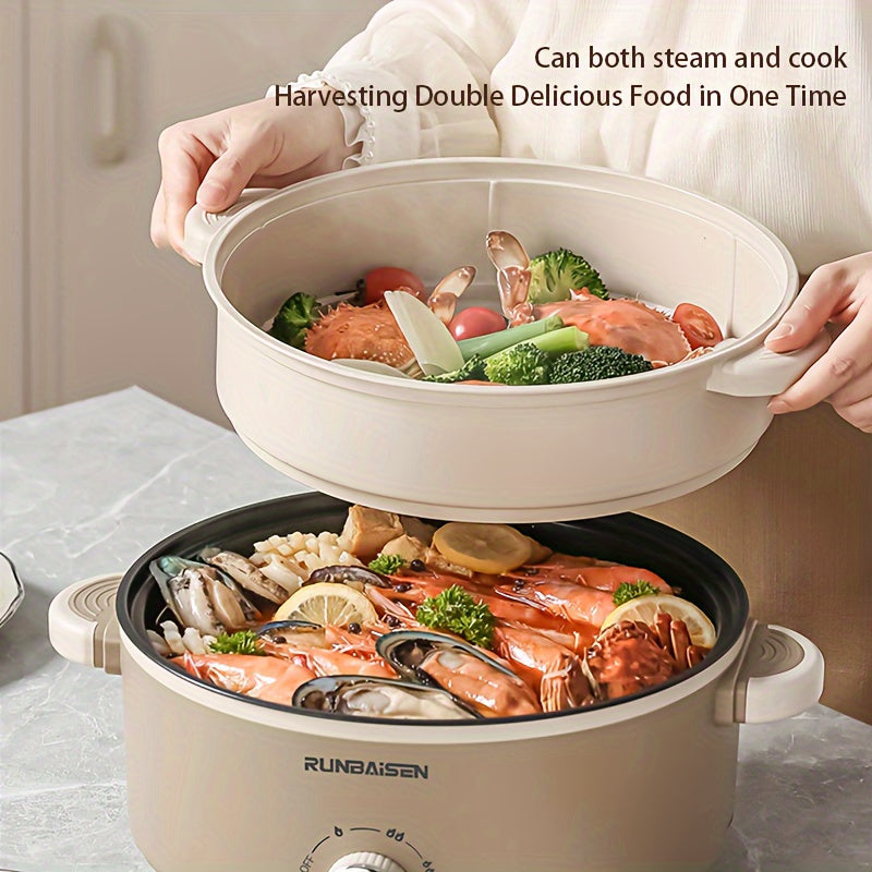 Ikkita qatlamli elektr ovqat pishirish qozoni, uy, RV, yotoqxonalarda foydalanish uchun bug'lash panjarasi bilan, yopishqoq bo'lmagan qovurish panasi va bug'lagich sifatida funksiyalari mavjud.