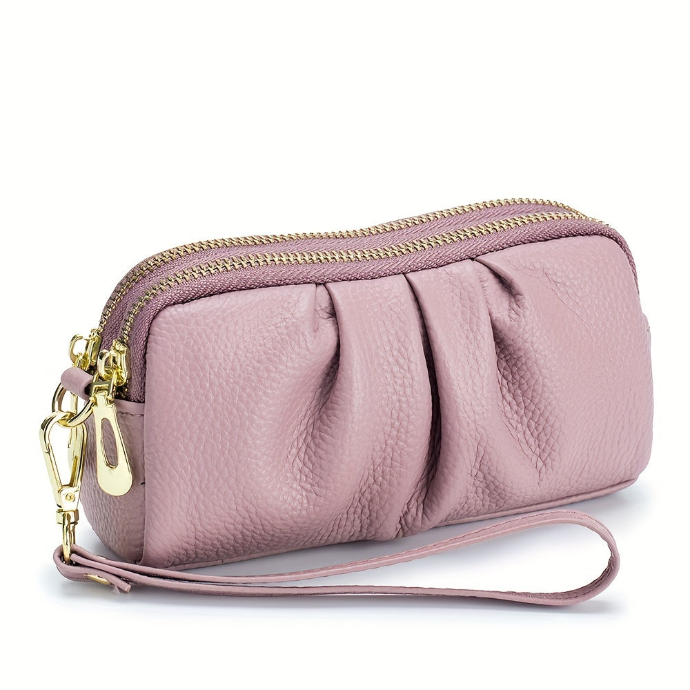 Genuine Leather Handheld Bag for Moms with Double Zipper Wallet and Mobile Case in Multiple Colors