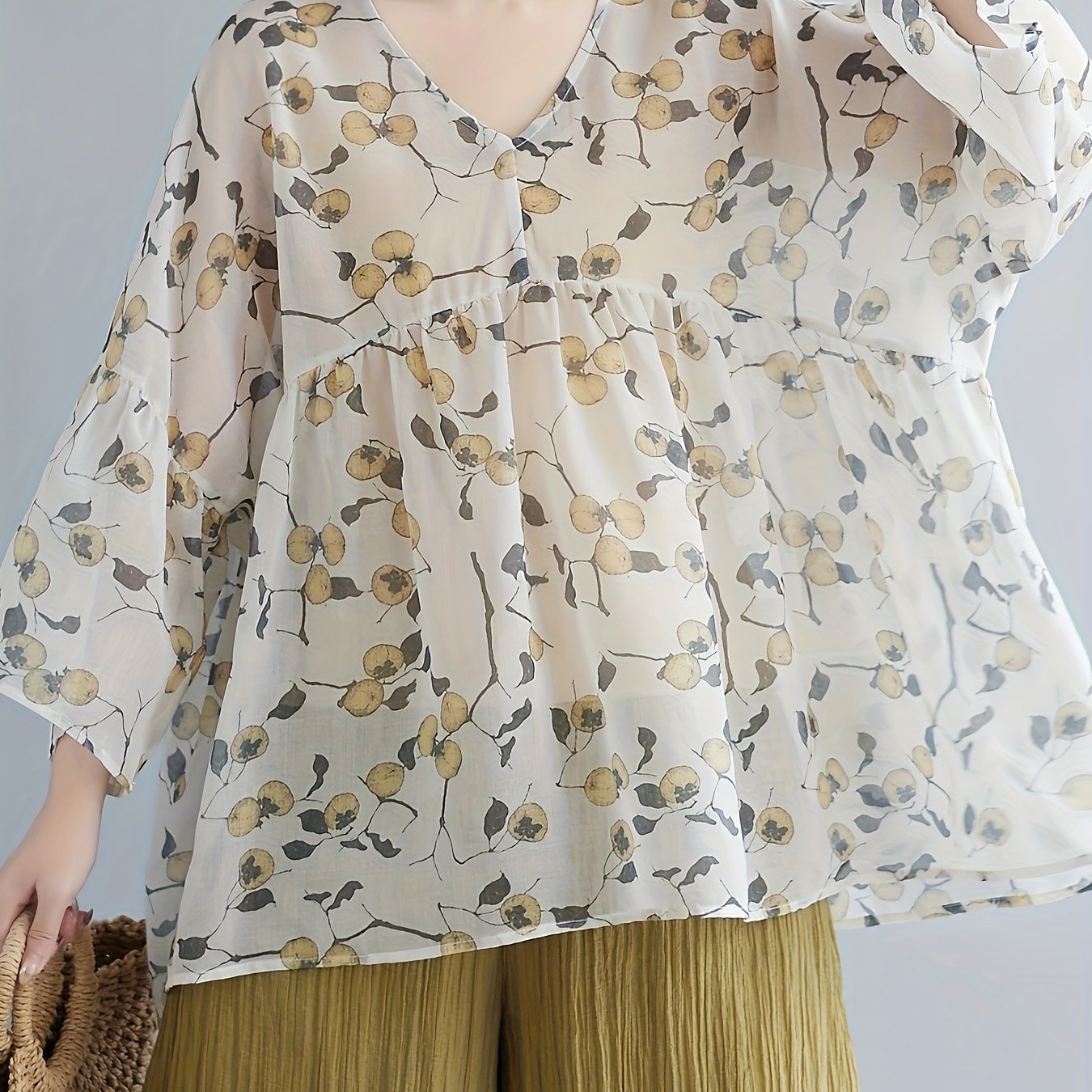 Plus Size Women's Floral Print Chiffon V-Neck T-Shirt Summer Top
