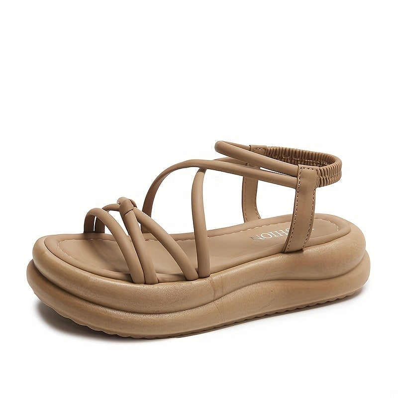 Women's Sandals Elastic Strap Slip-On Open Toe Mid-Heel Comfortable PU Platform
