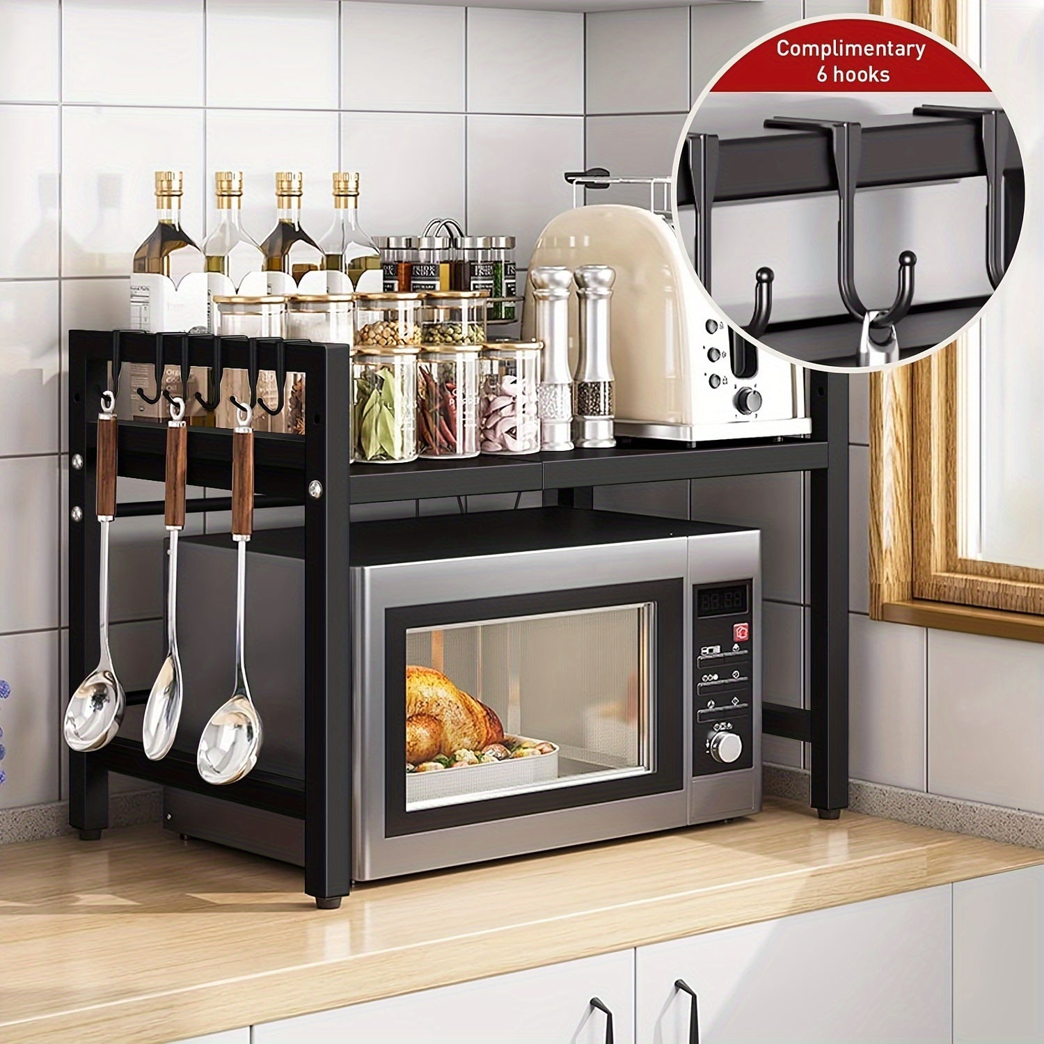 Retractable Microwave Stand with Storage and Hooks for Countertops