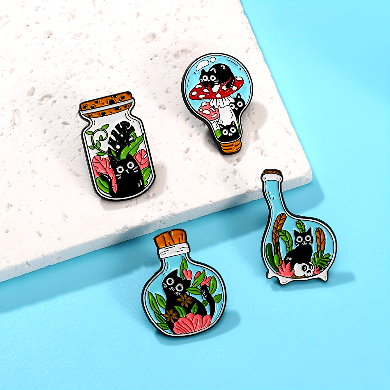 Set of 4 Cat and Plant Enamel Pins for Women Jewelry Brooches Alloy Stylish Accessories