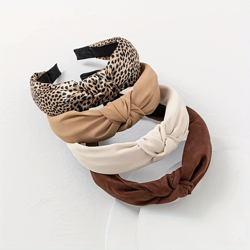 Set of 4 Leopard Print Wide Brim Fabric Hair Bands for Women