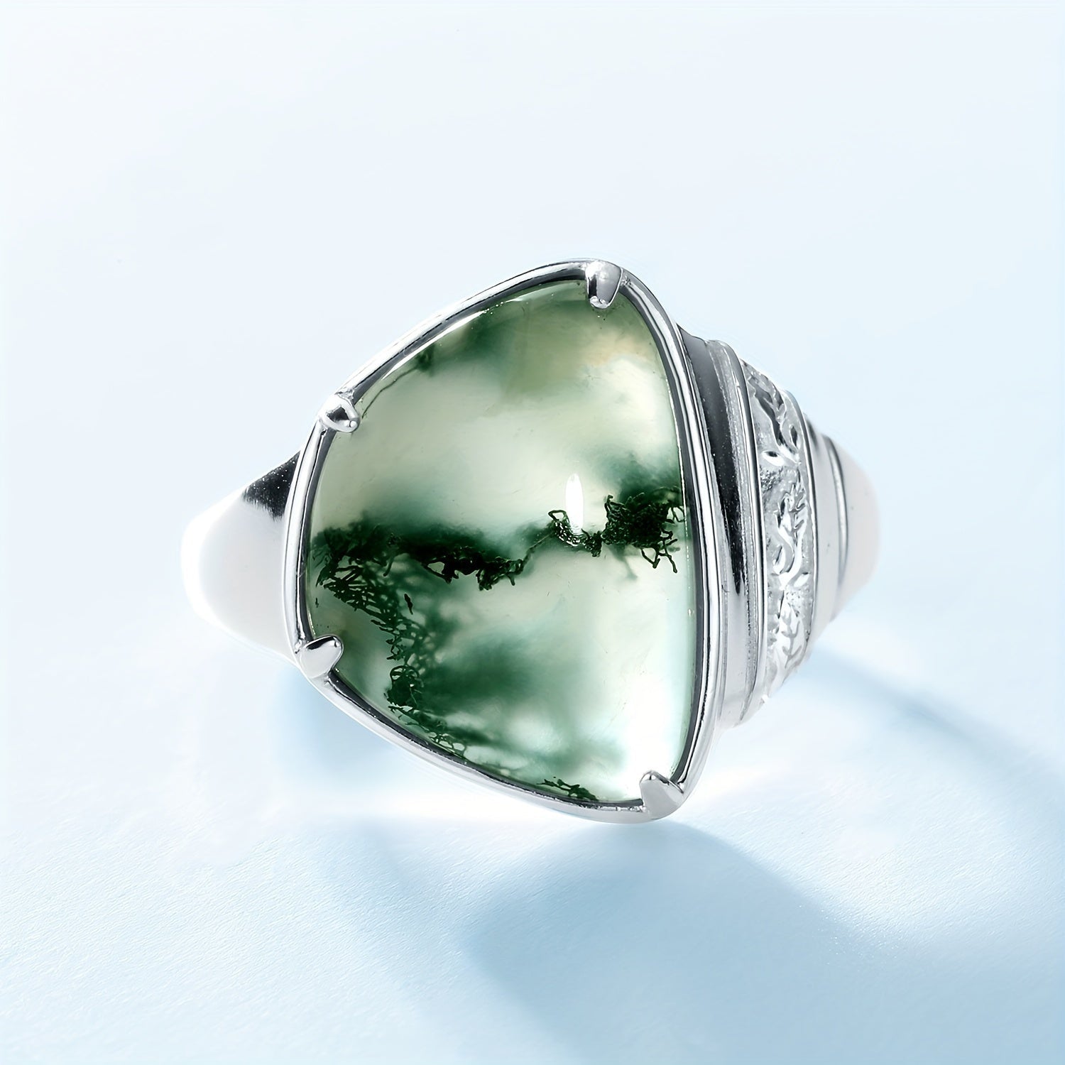 Sterling Silver Moss Agate Ring Boho Geometric Irregular Shape 7.5ct Vintage Wedding