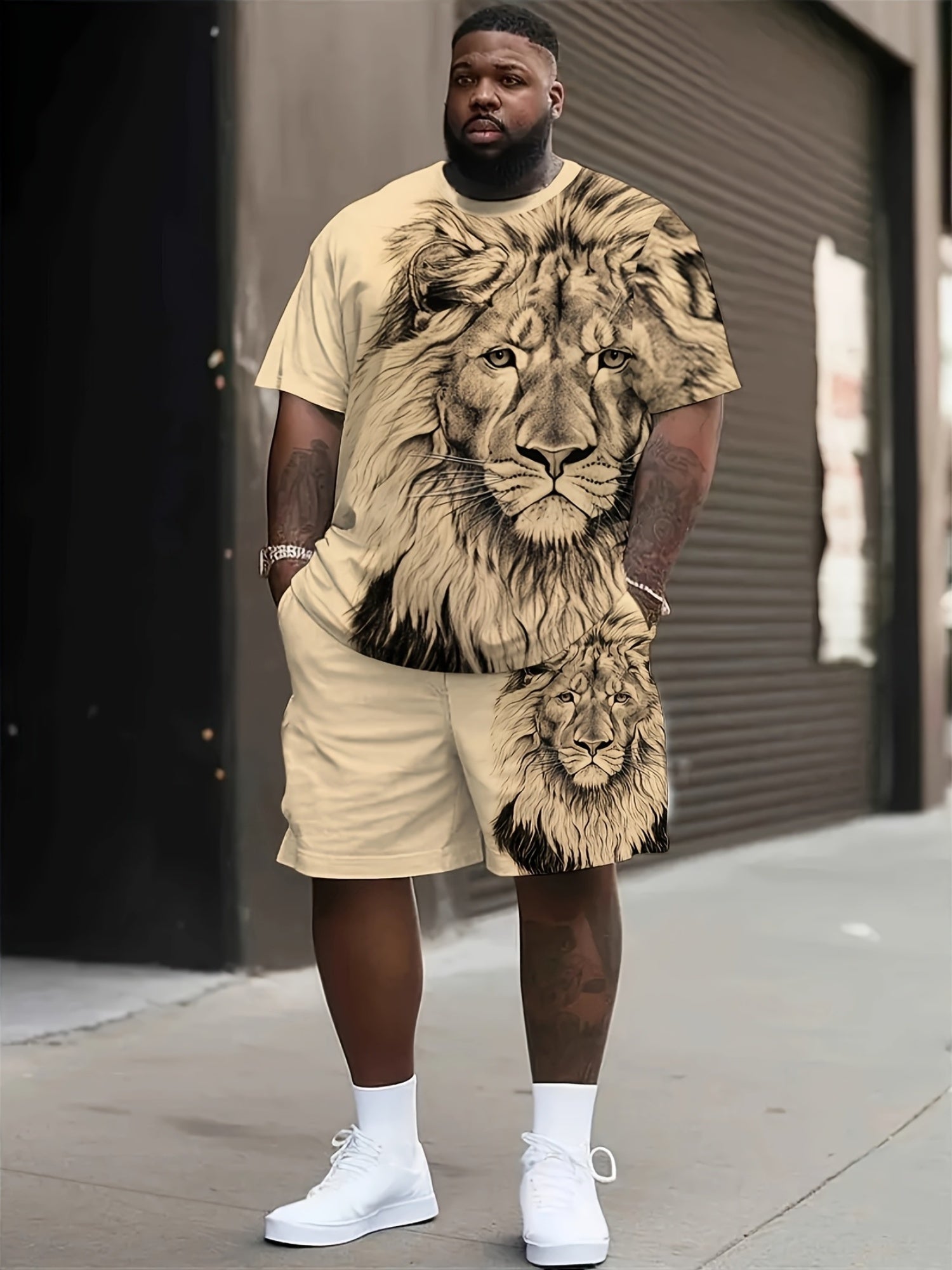 Men's Plus Size Lion Print T-Shirt and Shorts Set Summer Casual Knit Fabric