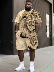 Men's Plus Size Lion Print T-Shirt and Shorts Set Summer Casual Knit Fabric