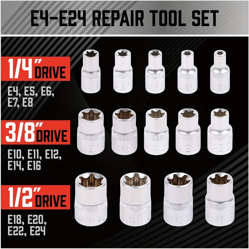 14 Pcs E-Torx Socket Set with External and Female Plum Blossom Design