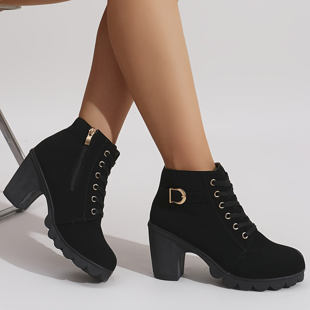 Women Ankle Boots Winter Thick Sole Side Zipper Lace-Up Casual Black Synthetic