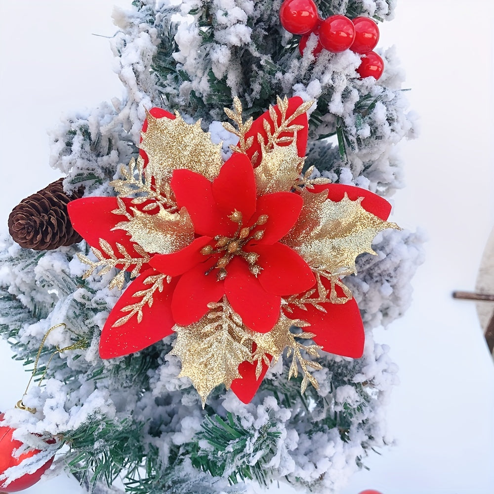 Set of 12 Artificial Golden Powder Christmas Flowers with Clips 14cm for Decorations