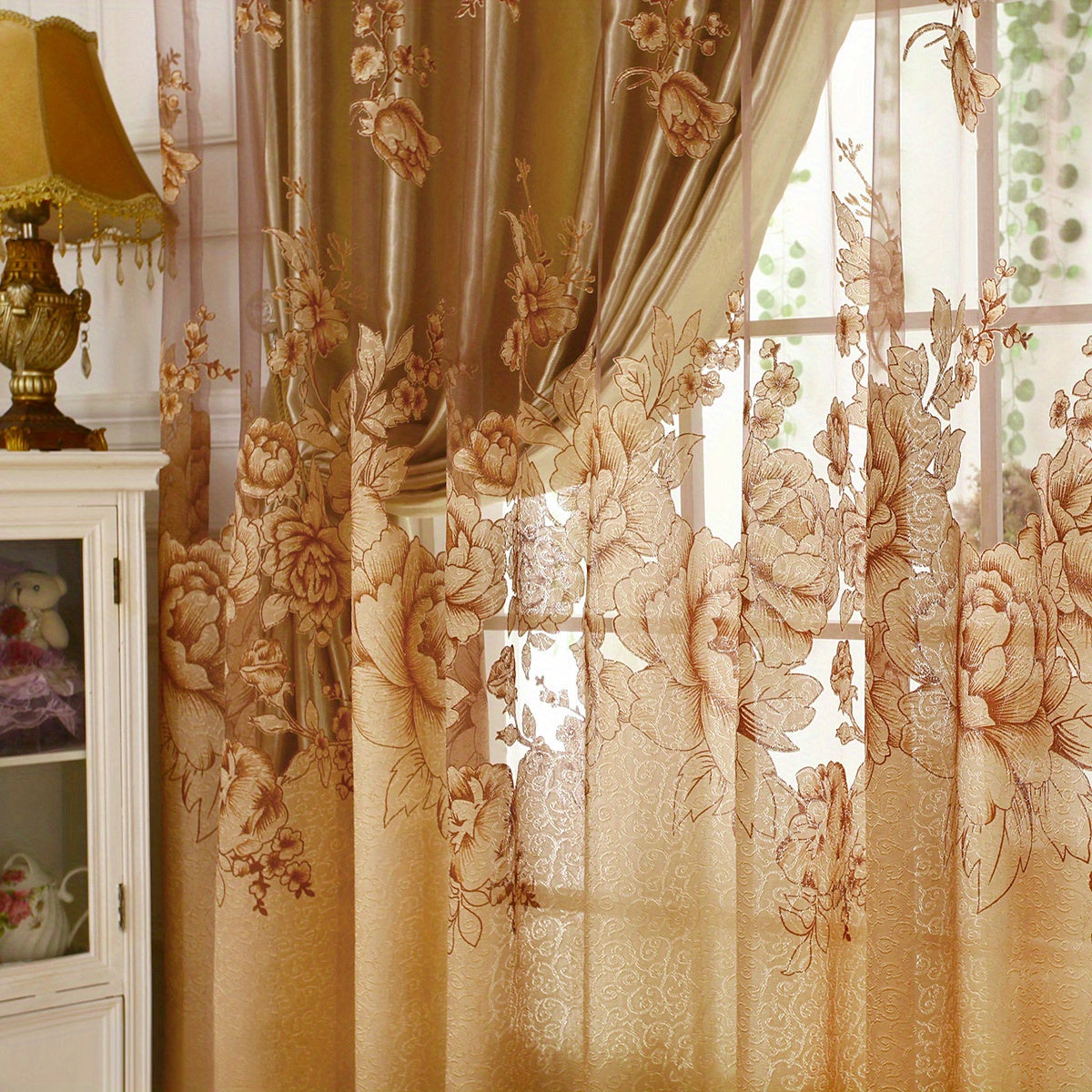 Sheer Curtain with Flower Pattern Translucent Rod Pocket Living Room Decor