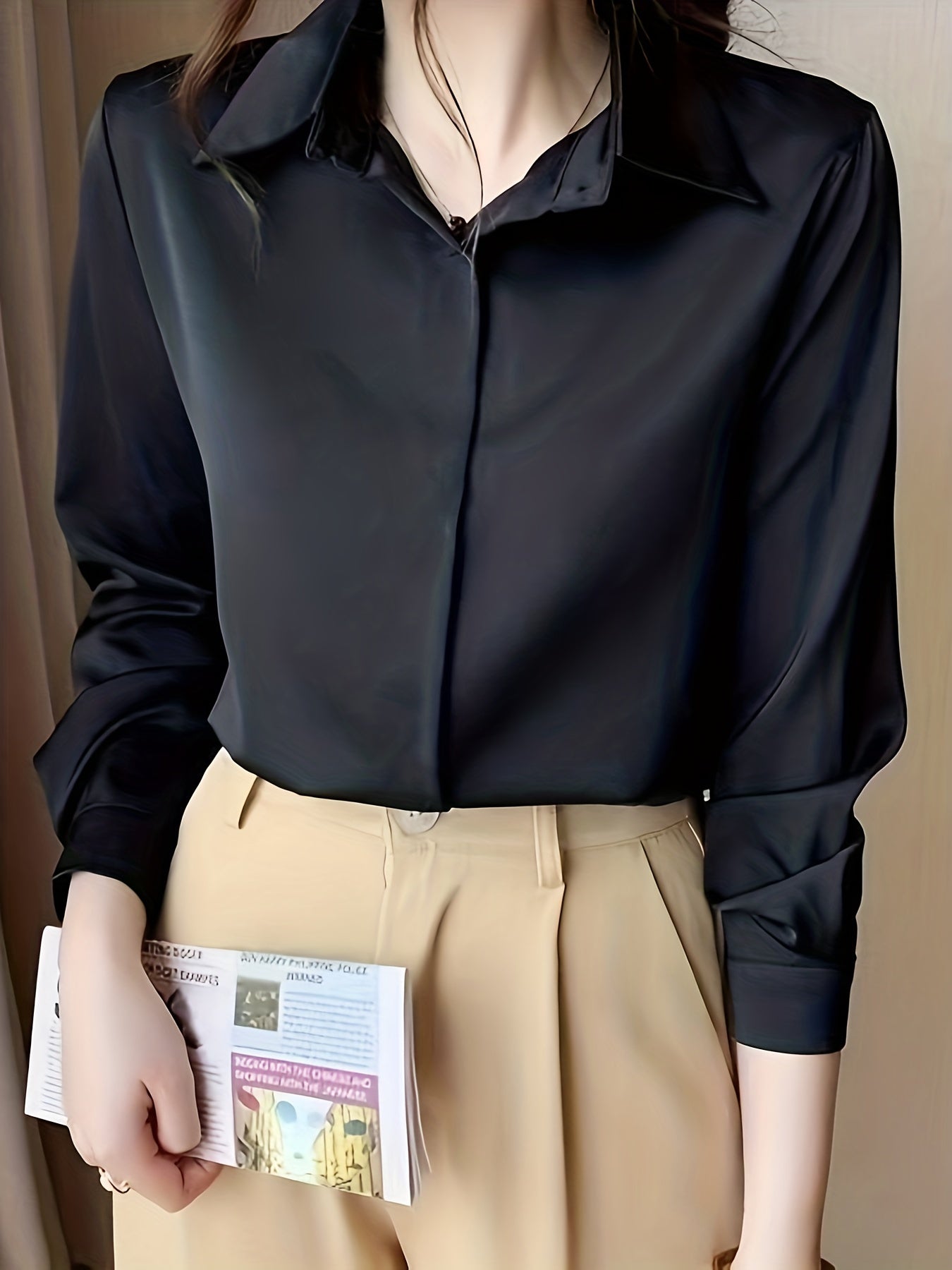 Women's Polyester Long Sleeve Blouse Solid Color Lapel Collar Non-Stretch Woven Professional Style