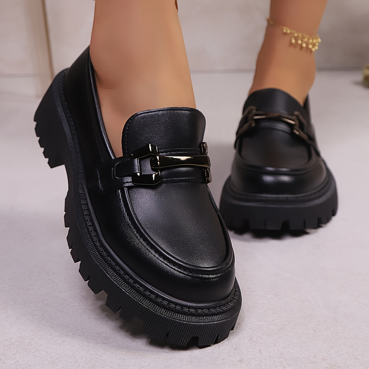 Women's Chunky Platform Loafers with Metal Chain Buckle Casual Slip-On Shoes