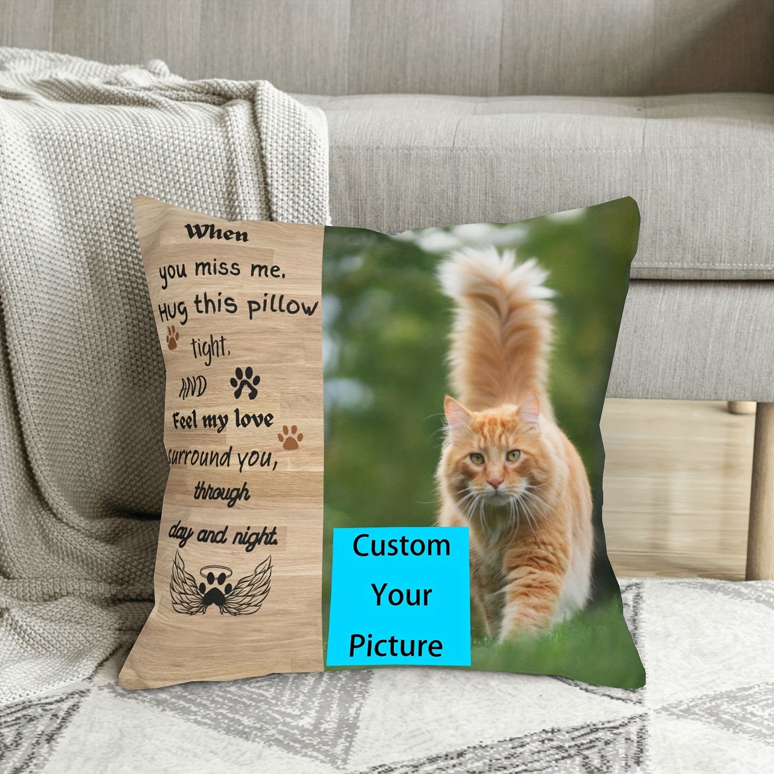 Personalized Cat Memorial Pillowcase 45.72cm Soft Short Plush Cushion Cover for Pet Loss