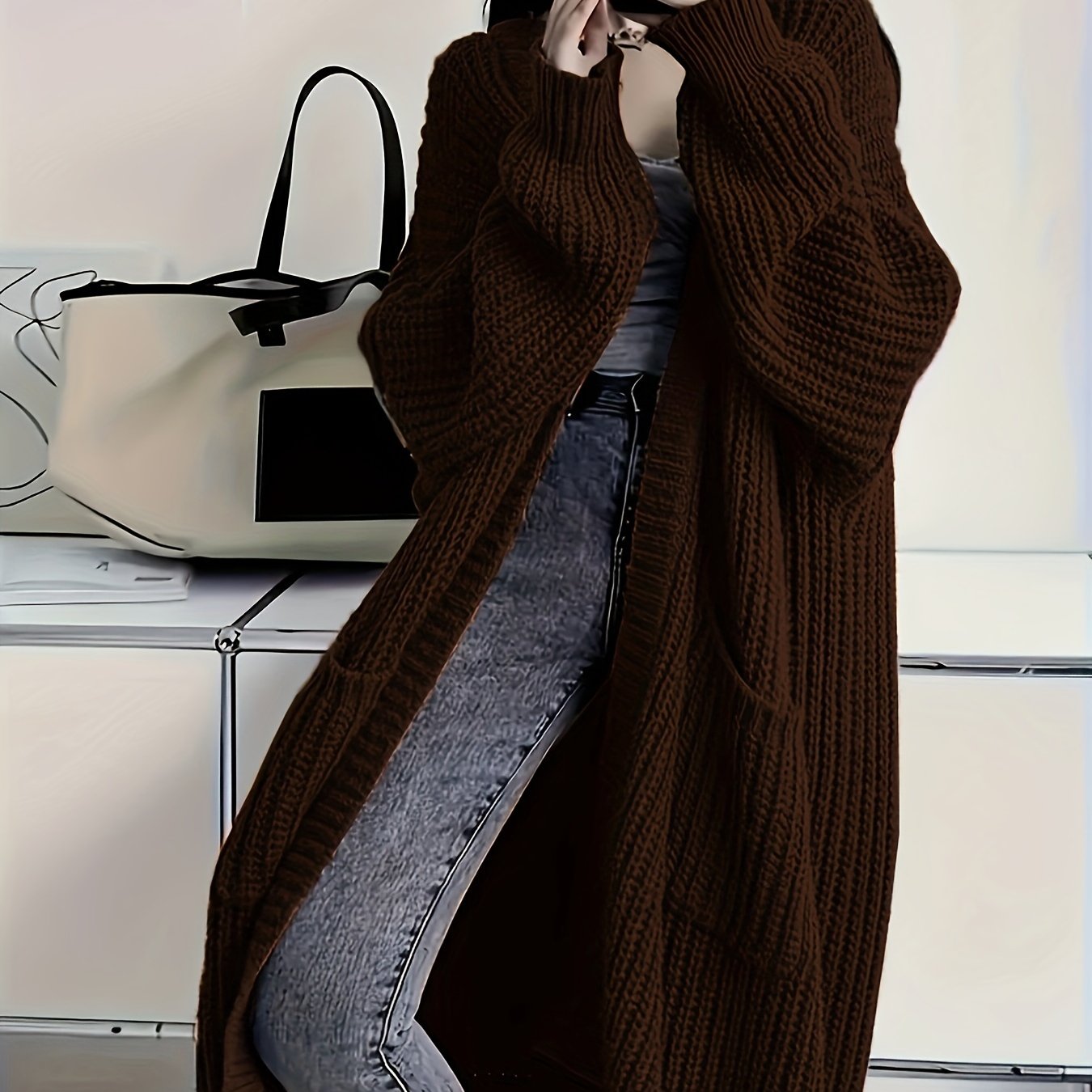 Women's Plus Size Long Knit Cardigan with Pockets V-Neck Open Front Fall Winter