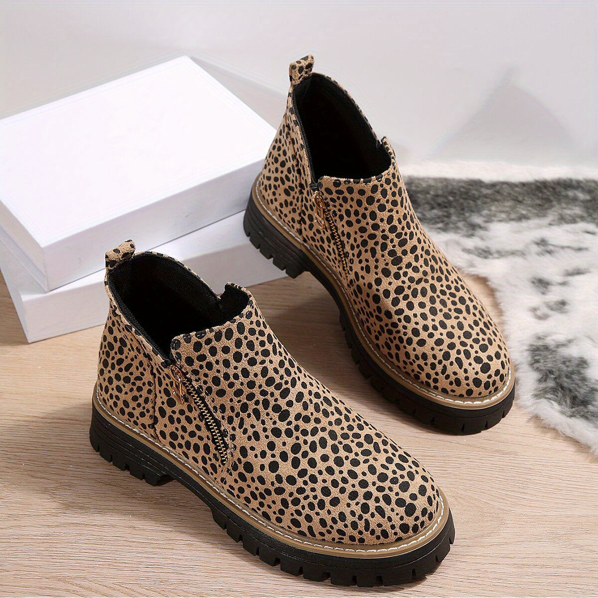 Women's Leopard Print Ankle Boots with Zipper Mid-Heel Round Toe